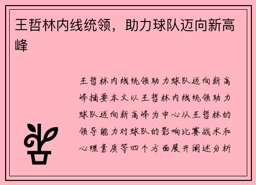 王哲林内线统领，助力球队迈向新高峰